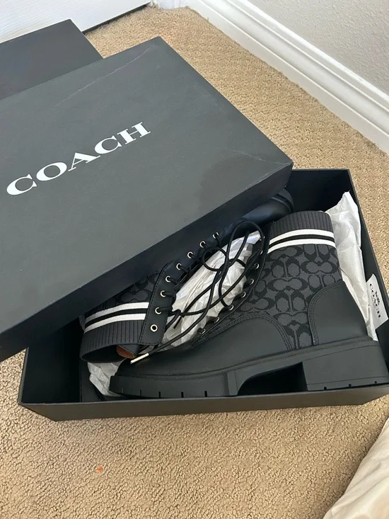 COACH women’s Black Signature Logo Combat Boots - Picture 2 of 5